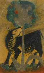 Vaca negra detrás del árbol